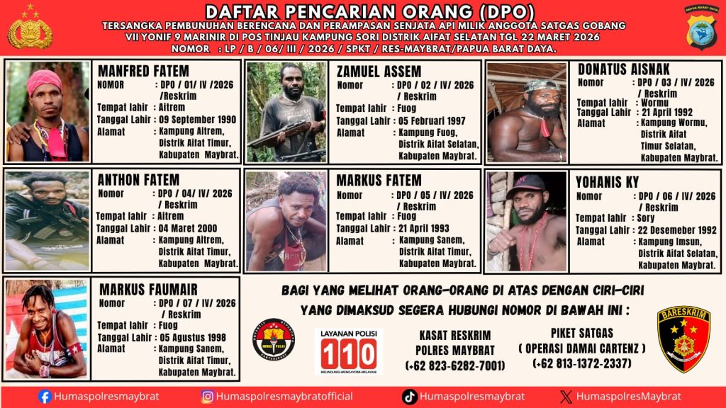 Polda PBD Buruh Tujuh DPO Penyerangan Pos Marinir di Maybrat