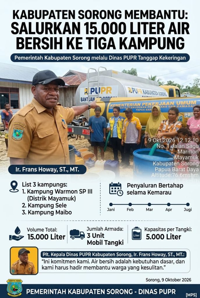 PUPR Kabupaten Sorong Salurkan 15.000 Liter Air Bersih ke Tiga Kampung