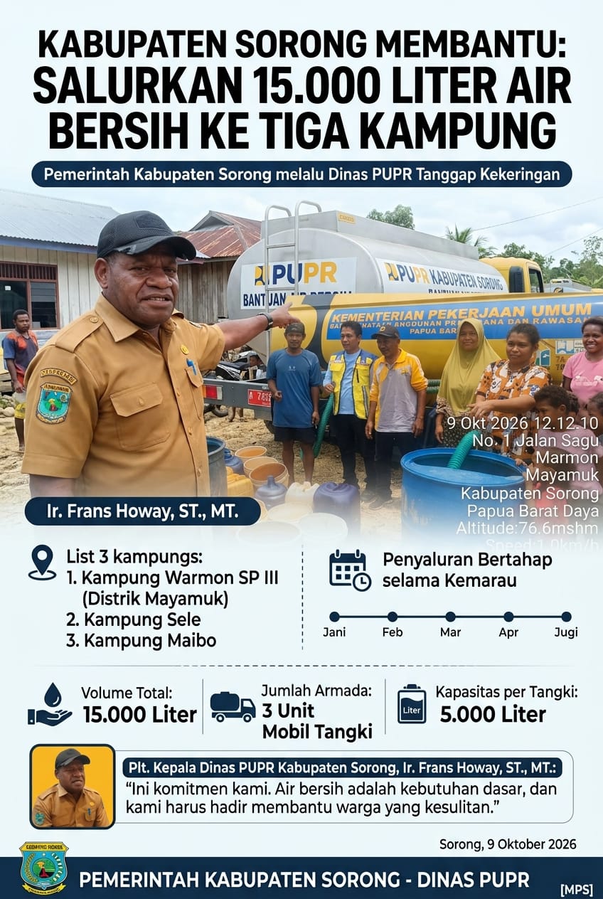 PUPR Kabupaten Sorong Salurkan 15.000 Liter Air Bersih ke Tiga Kampung
